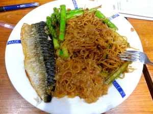 Saba Shio with asparagus, yakisoba and jellyfish. 